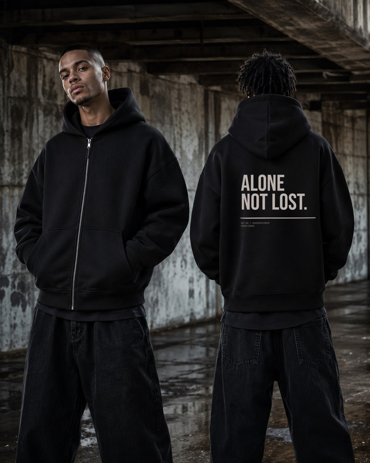 Alone Not Lost Zipper — Stray Hero Lifestyle — AI-generated visual