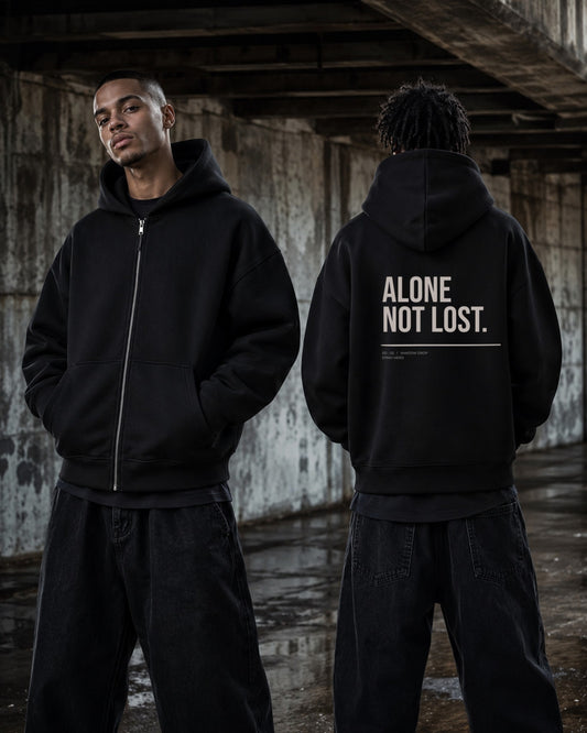Alone Not Lost Zipper — Stray Hero Lifestyle — AI-generated visual