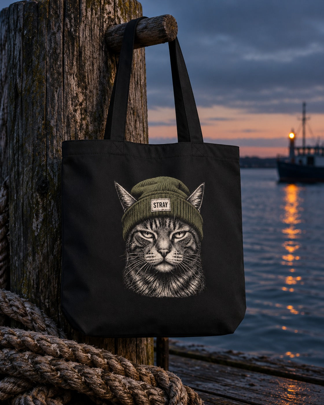 Beanie Cat Organic Tote Shade, front print, black, hanging on a wooden mooring post at the harbour at dusk — AI-generated visual