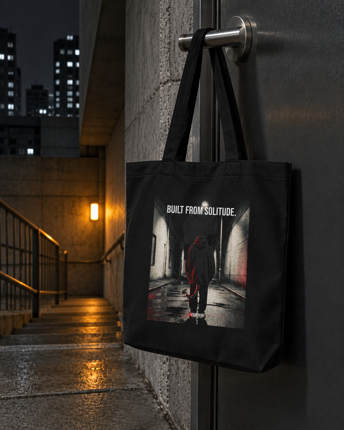 Built From Solitude Organic Tote, back print, black, hanging on a door handle in a concrete stairwell — AI-generated visual