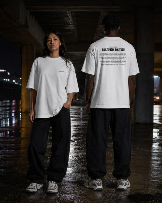 Built from Solitude Story Tee White — Lifestyle — AI-generated visual