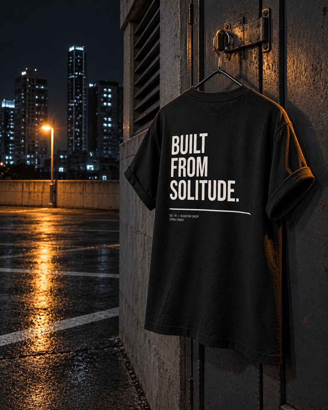 Built From Solitude Women's Tee, back print, black, hanging on a concrete wall under a lamp at night — AI-generated visual