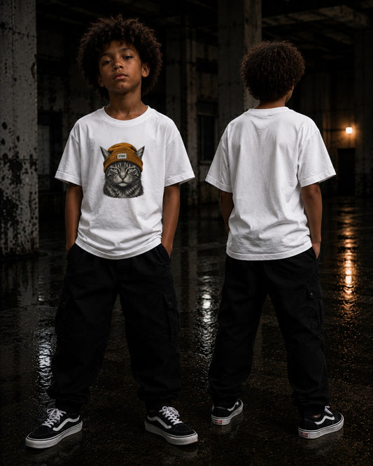 Kind im Ember Kids Tee in Weiß, Skatepark bei Nacht