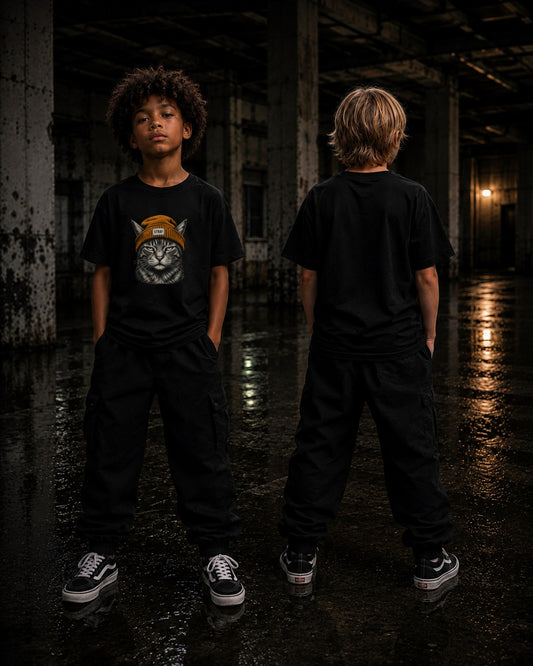 Kinder im Ember Kids Tee, Skatepark bei Nacht