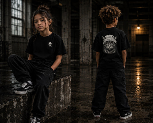 Kind im Ghost Kids Tee, Skatepark bei Nacht