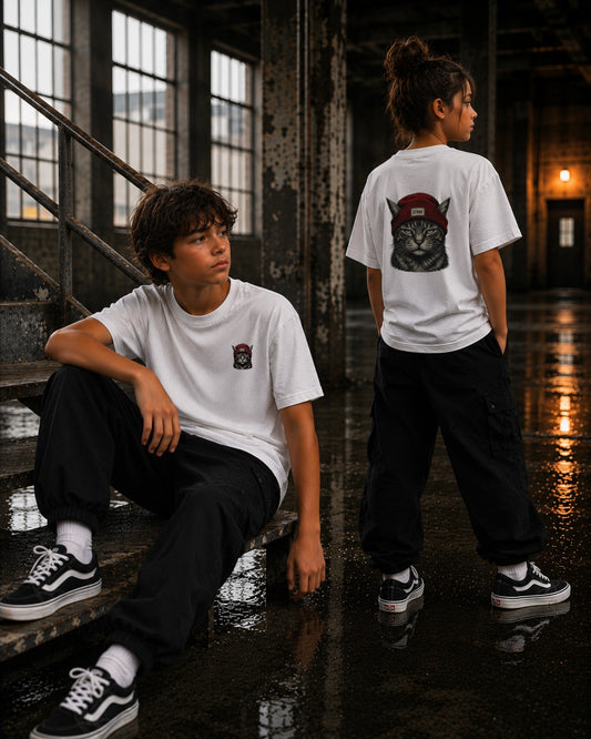 Kinder im Rogue Kids Tee in Weiß, Skatepark bei Nacht