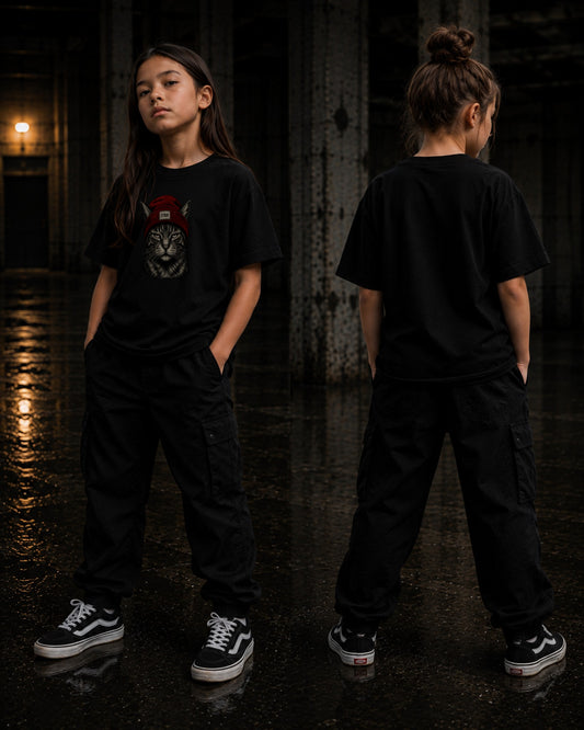 Kind im Rogue Kids Tee, Skatepark bei Nacht