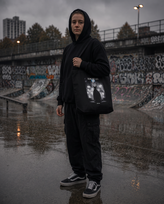 Alone Not Lost Organic Tote über der Schulter getragen, Skatepark
