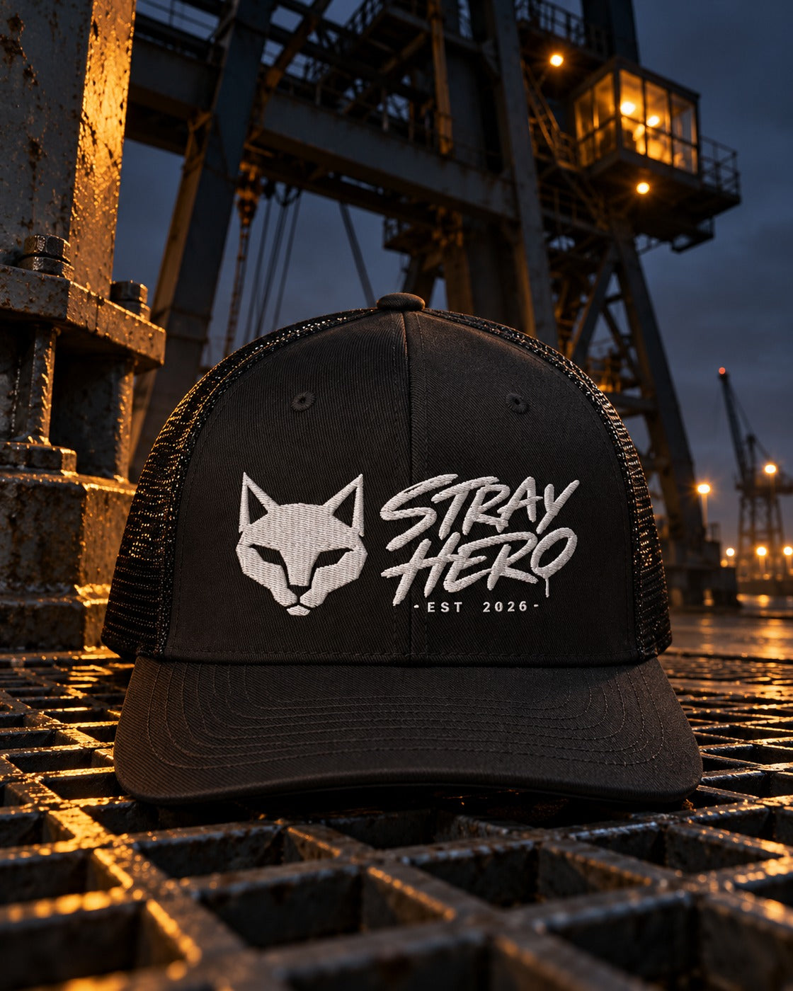 Patrol Trucker Cap, front embroidery, black, on a steel grating under a crane platform at night — AI-generated visual
