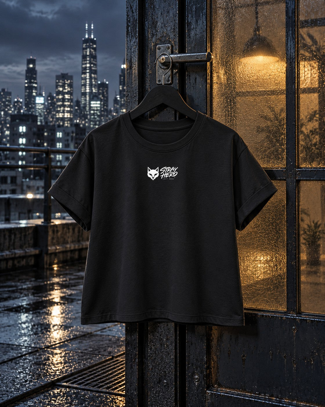 Stray Logo Women's Tee, chest print, black, hanging on a rooftop door beside a lit window at night — AI-generated visual