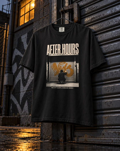 After Hours Tee, front print, black, hanging on a graffiti-covered roller shutter at dusk — AI-generated visual