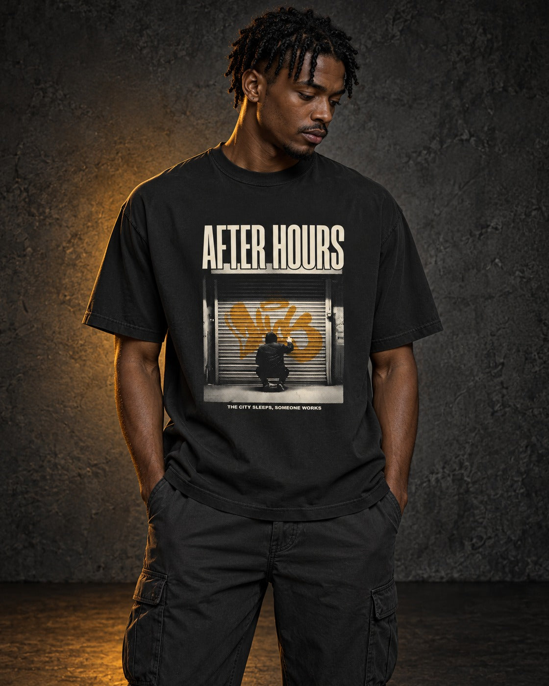 After Hours Tee, worn, front print, black — AI-generated visual