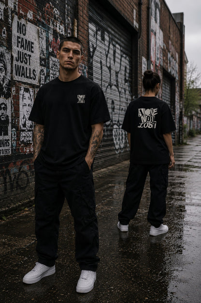Alone Not Lost — Graffiti Tee — Lifestyle — AI-generated visual