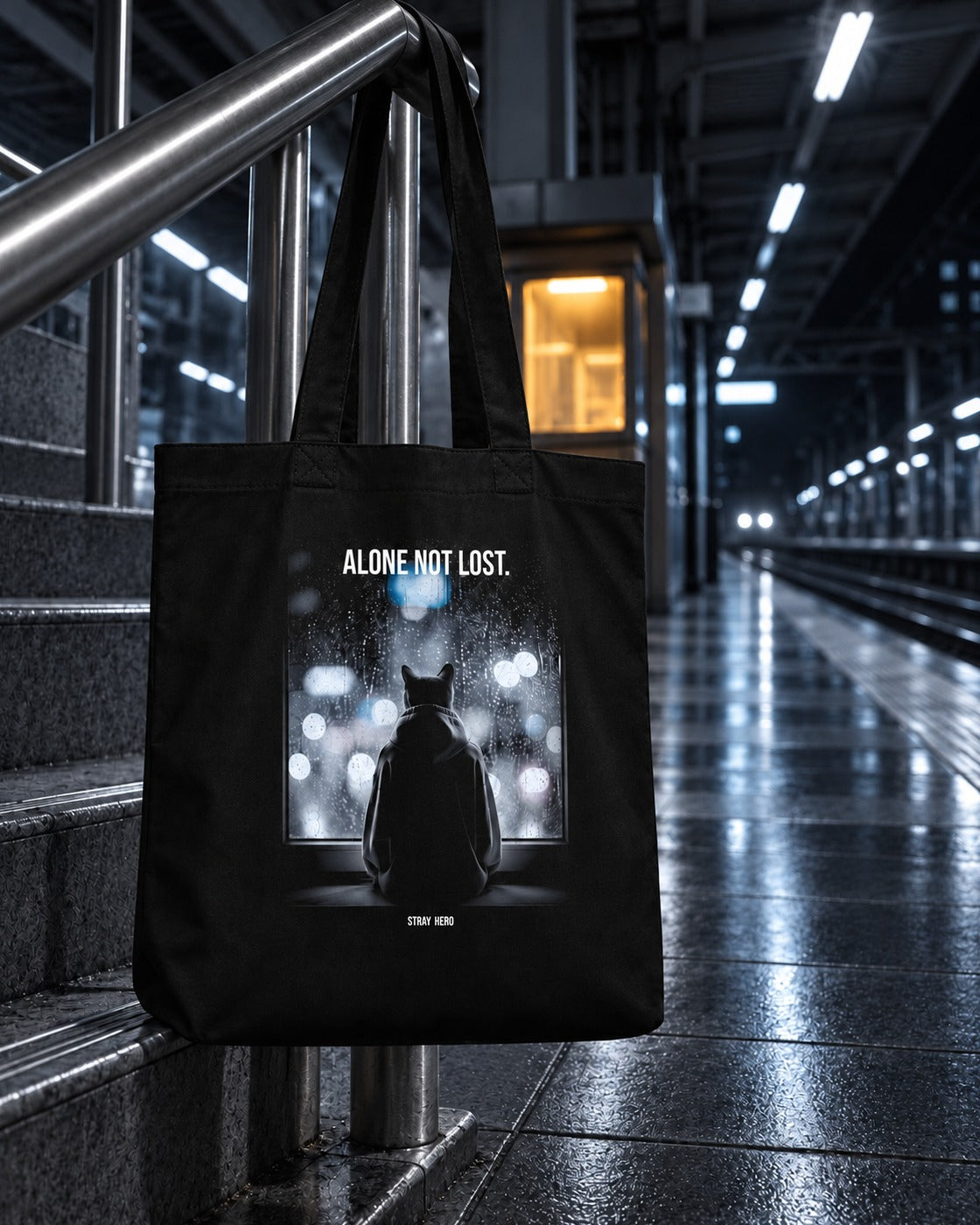 Alone Not Lost Organic Tote, back print, black, hanging on a railing on a train platform at night — AI-generated visual
