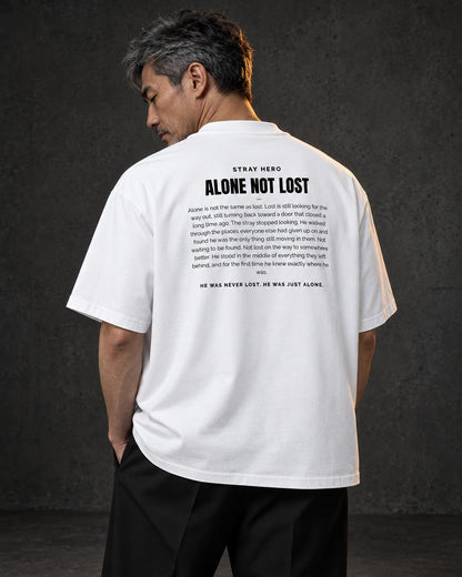 Alone Not Lost Story Tee White, worn, back print, white — AI-generated visual