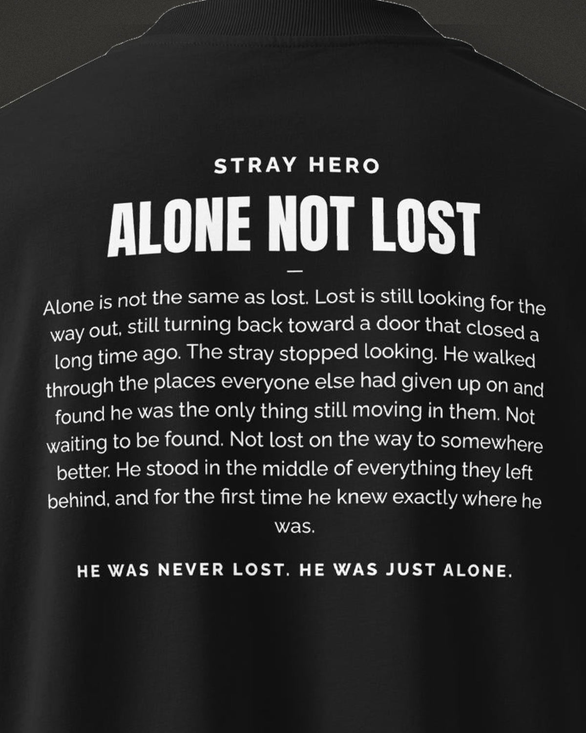 Alone Not Lost Story Tee Black, print detail