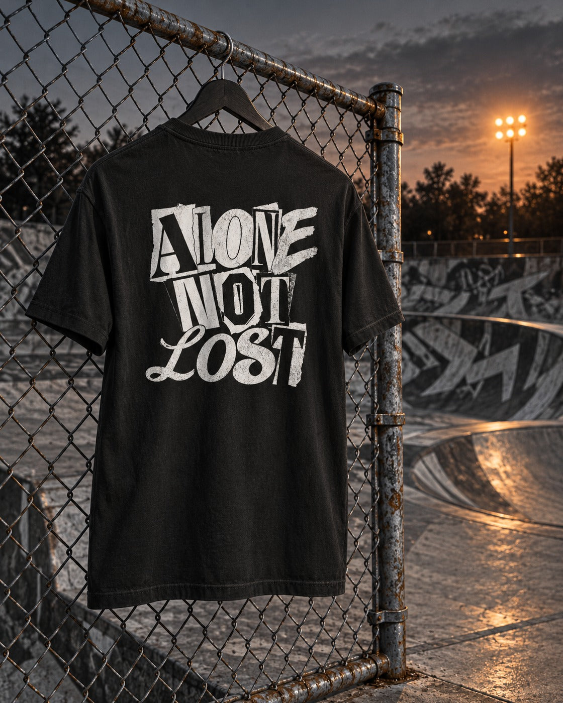Alone Not Lost Tee Graffiti, back print, black, hanging on a chain-link fence at a skatepark at dusk — AI-generated visual