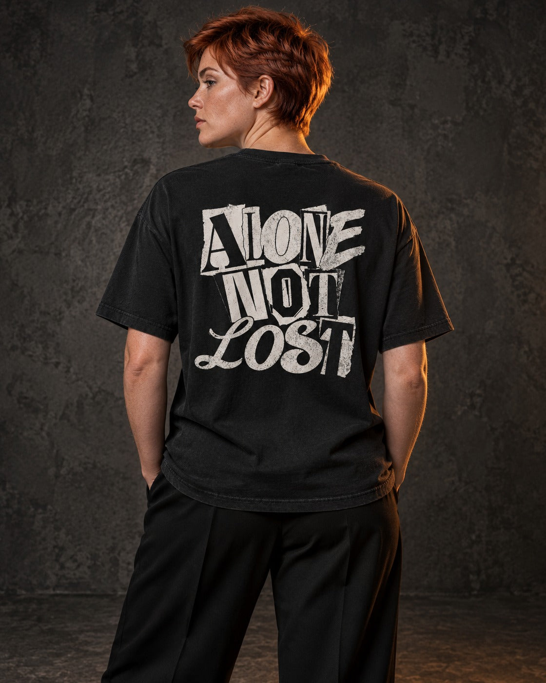 Alone Not Lost Tee Graffiti, worn, back print, black — AI-generated visual