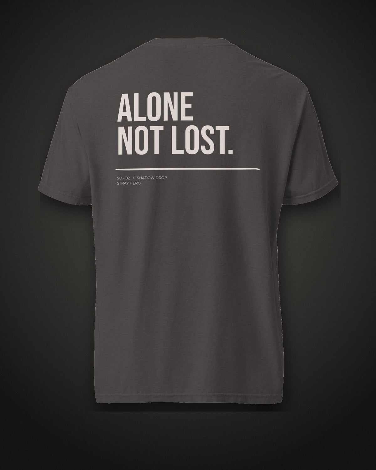 Alone Not Lost Tee Typography, back print, graphite