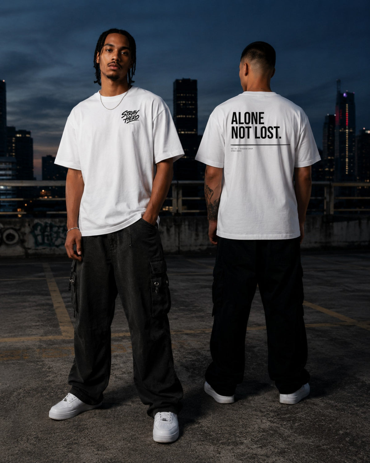 Alone Not Lost — Tee · White — Lifestyle — AI-generated visual