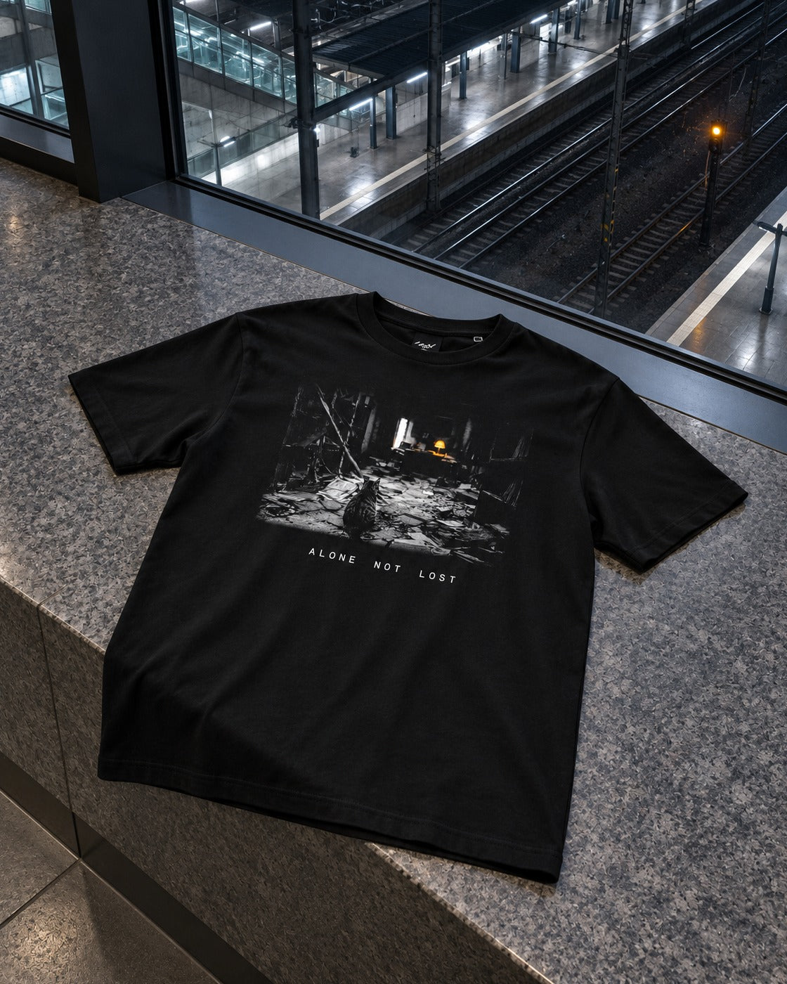 Alone Not Lost The Library, front print, black, laid on a stone ledge by a station window at night — AI-generated visual
