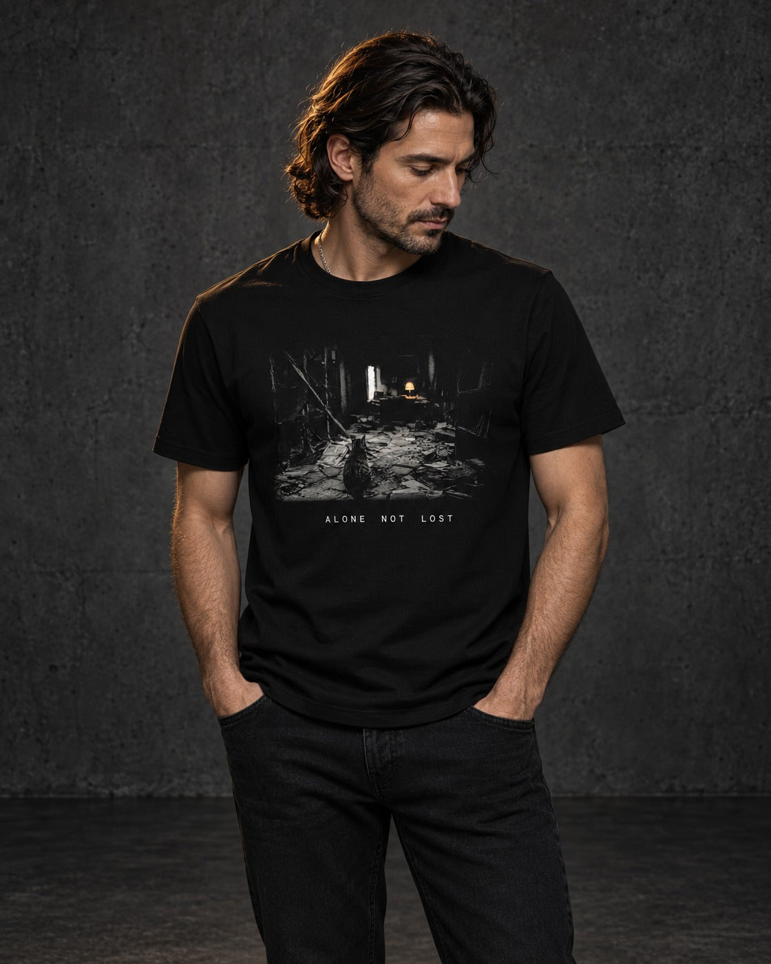 Alone Not Lost The Library, worn, front print, black — AI-generated visual