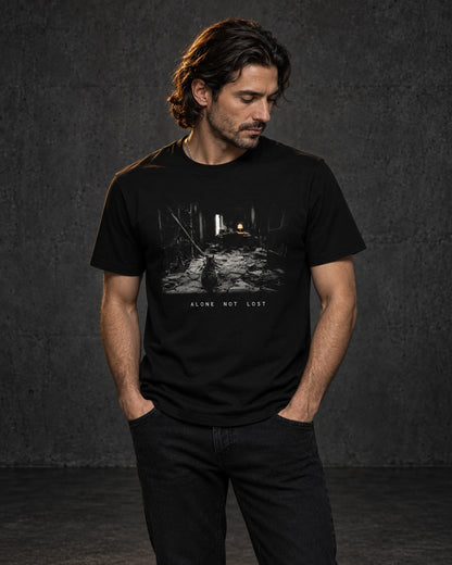 Alone Not Lost The Library, worn, front print, black — AI-generated visual