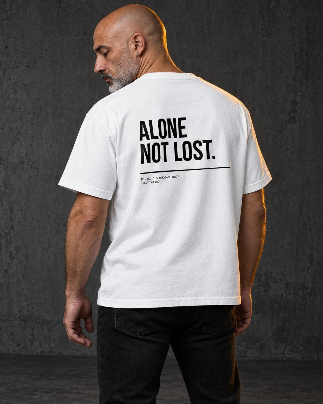 Alone Not Lost Tee White, worn, back print, white — AI-generated visual