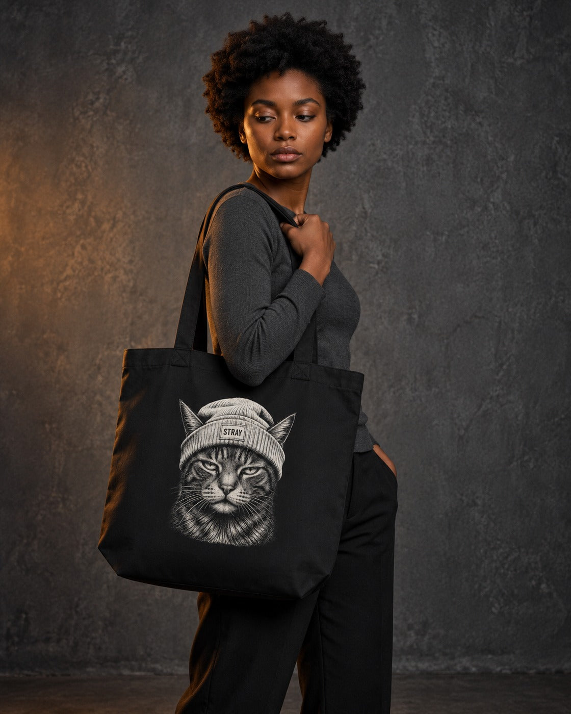 Beanie Cat Organic Tote Ghost, carried, front print, black — AI-generated visual