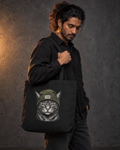 Beanie Cat Organic Tote Shade, carried, front print, black — AI-generated visual