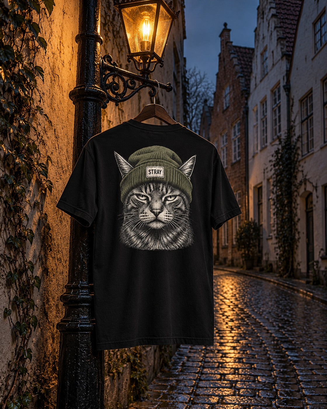 Beanie Cat Tee Shade, back print, black, hanging on a street lamp in an old-town lane with gabled houses at dusk — AI-generated visual