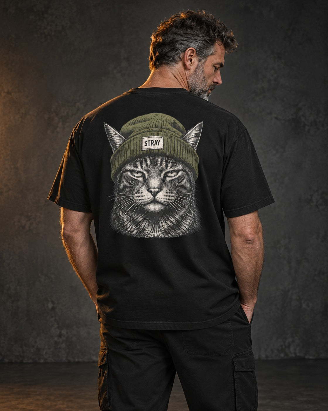 Beanie Cat Tee Shade, worn, back print, black — AI-generated visual