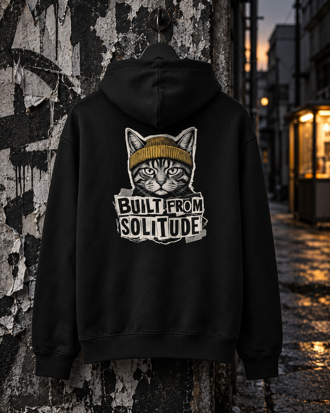 Built From Solitude Graffiti Hoodie, back print, black, hanging on a peeling poster wall in a wet alley at dusk — AI-generated visual
