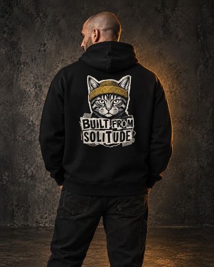 Built From Solitude Graffiti Hoodie, worn, back print, black — AI-generated visual