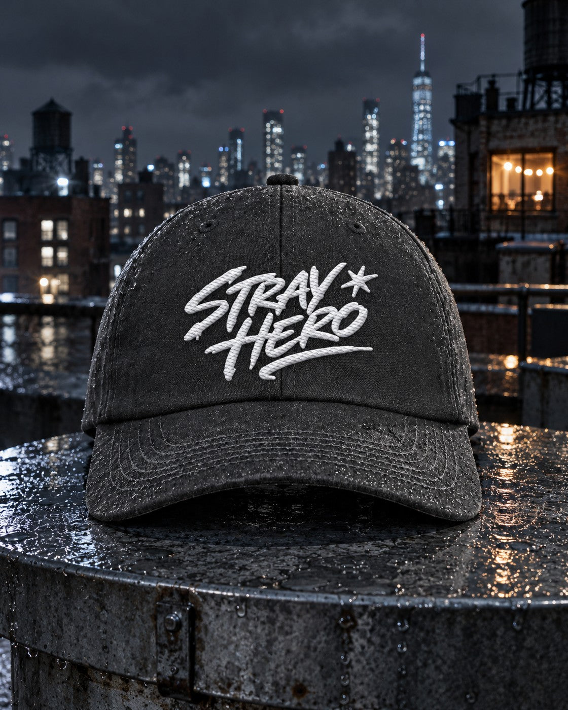 Signature 6-Panel Cap, front embroidery, graphite, on a wet rooftop water tank lid at night — AI-generated visual