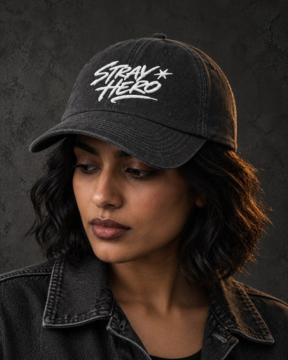 Signature 6-Panel Cap, worn, front embroidery, graphite — AI-generated visual
