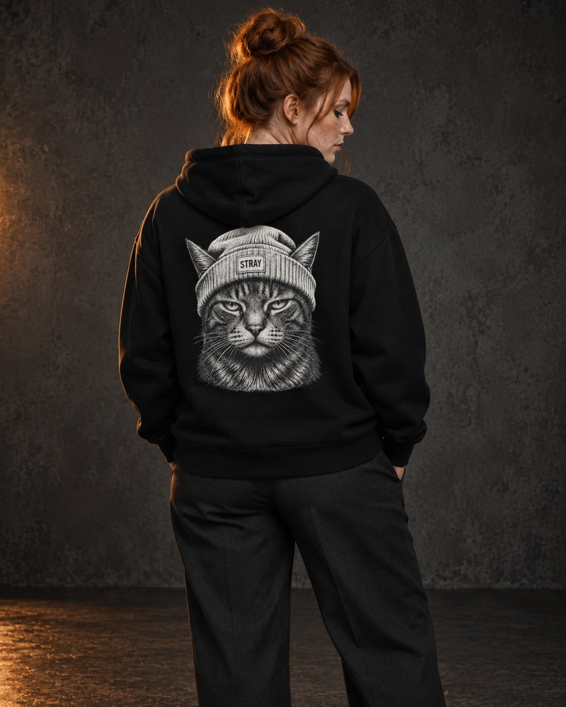 Beanie Cat Hoodie Ghost, worn, back print, black — AI-generated visual