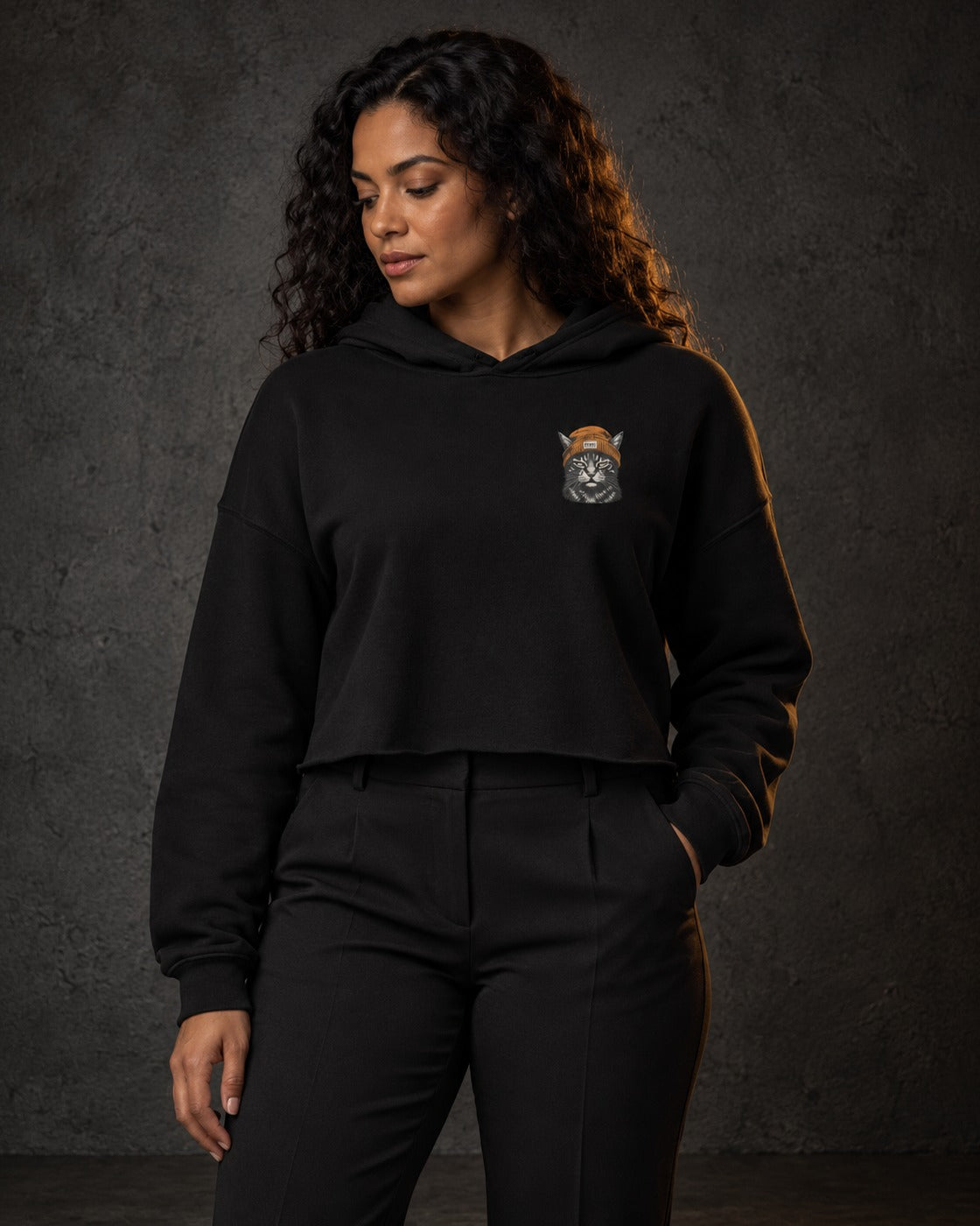 Cat Badge Ember Crop Hoodie, worn, front print, black — AI-generated visual