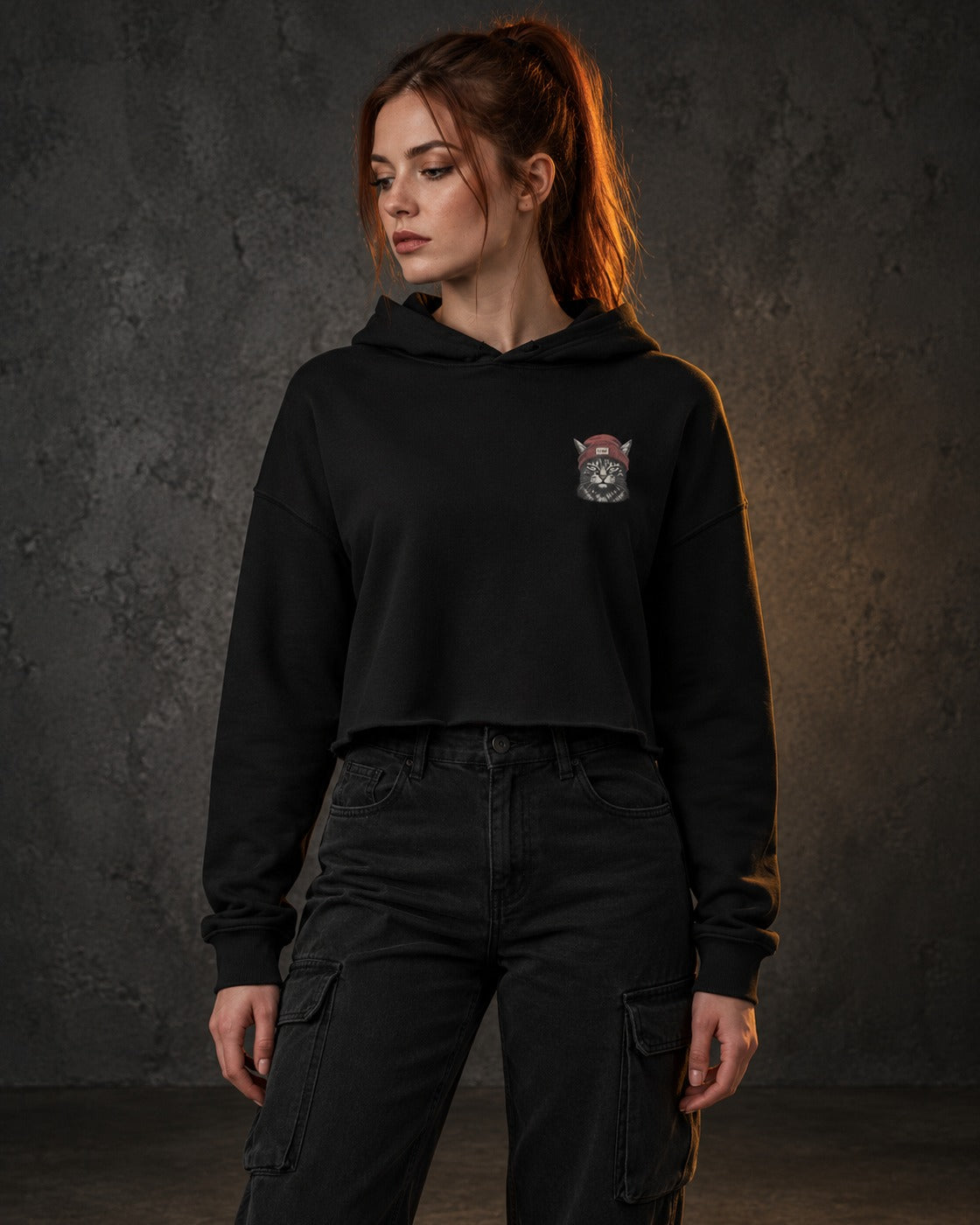 Cat Badge Rogue Crop Hoodie, worn, front print, black — AI-generated visual
