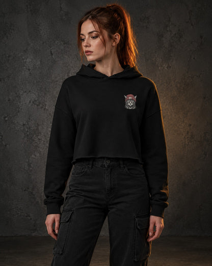Cat Badge Rogue Crop Hoodie, worn, front print, black — AI-generated visual