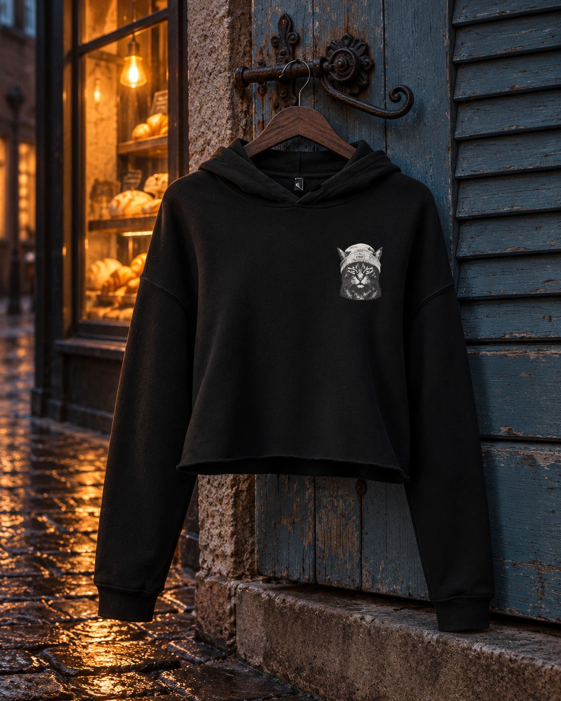 Cat Badge Vector Crop Hoodie, front print, black, hanging on a blue shutter next to a lit bakery window at night — AI-generated visual