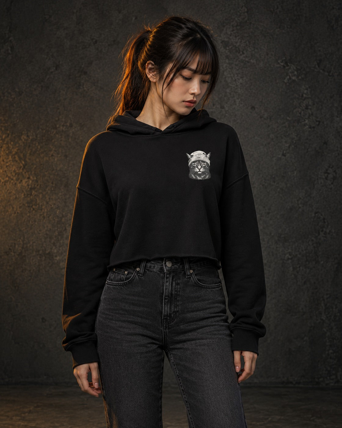 Cat Badge Vector Crop Hoodie, worn, front print, black — AI-generated visual
