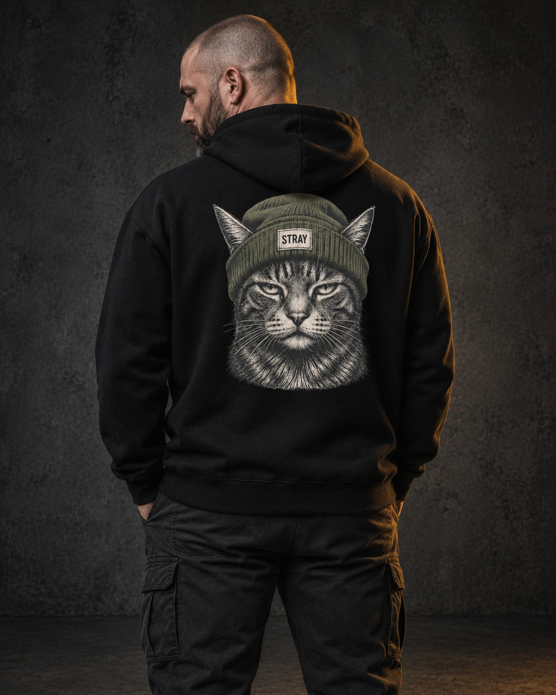 Beanie Cat Hoodie Shade, worn, back print, black — AI-generated visual