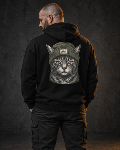 Beanie Cat Hoodie Shade, worn, back print, black — AI-generated visual