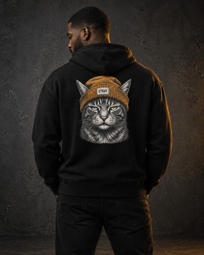 Beanie Cat Hoodie Ember, worn, back print, black — AI-generated visual