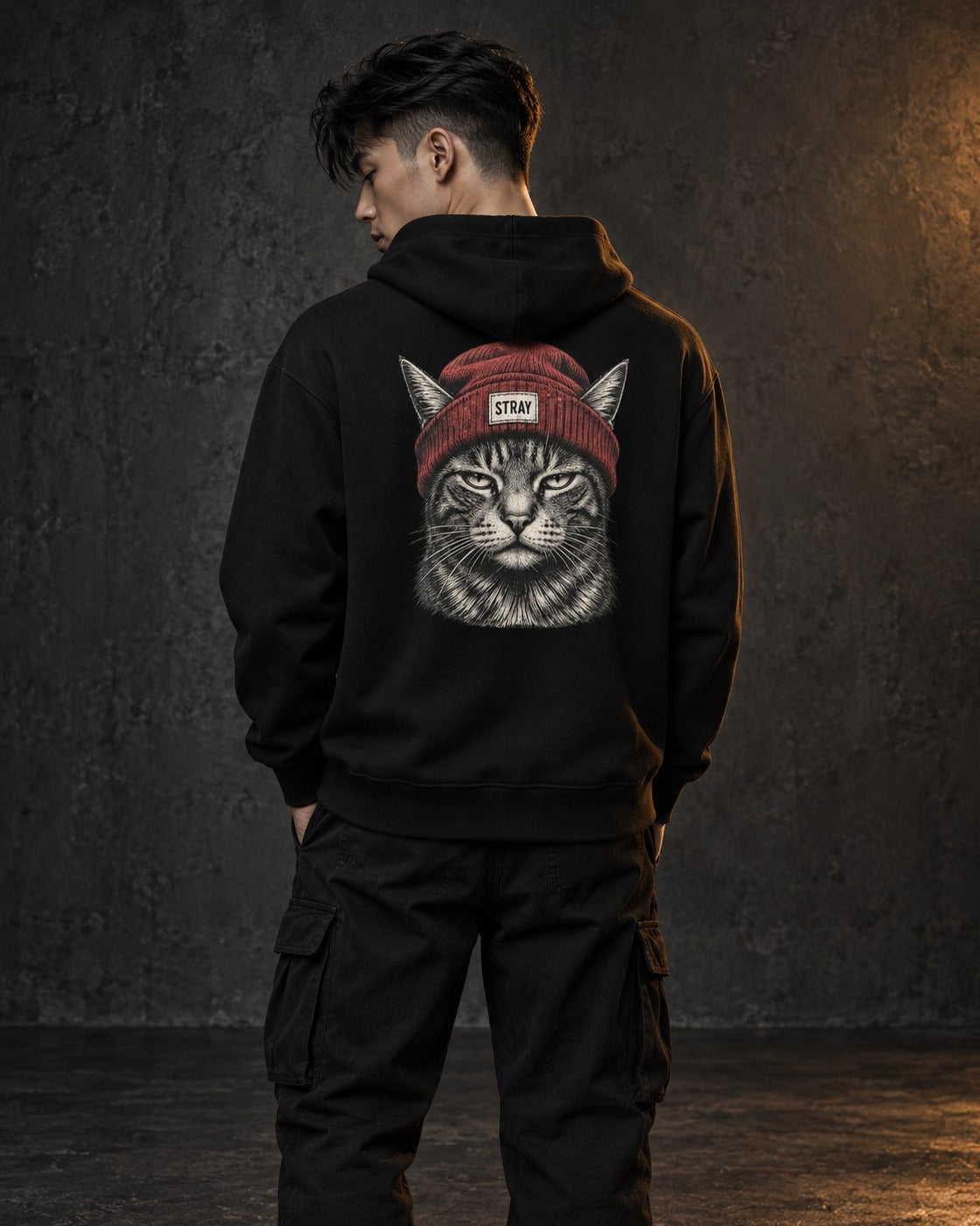 Beanie Cat Hoodie Rogue, worn, back print, black — AI-generated visual