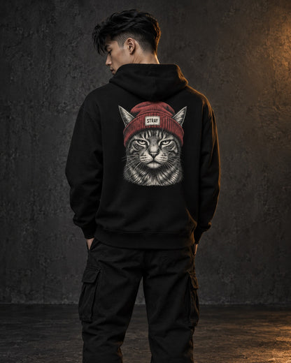 Beanie Cat Hoodie Rogue, worn, back print, black — AI-generated visual