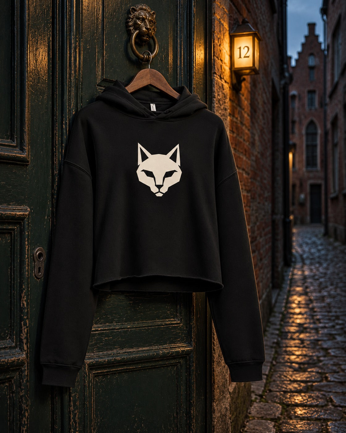 Alley Crop Hoodie, front print, black, hanging on a green front door with a brass knocker in a cobbled old-town lane at night — AI-generated visual