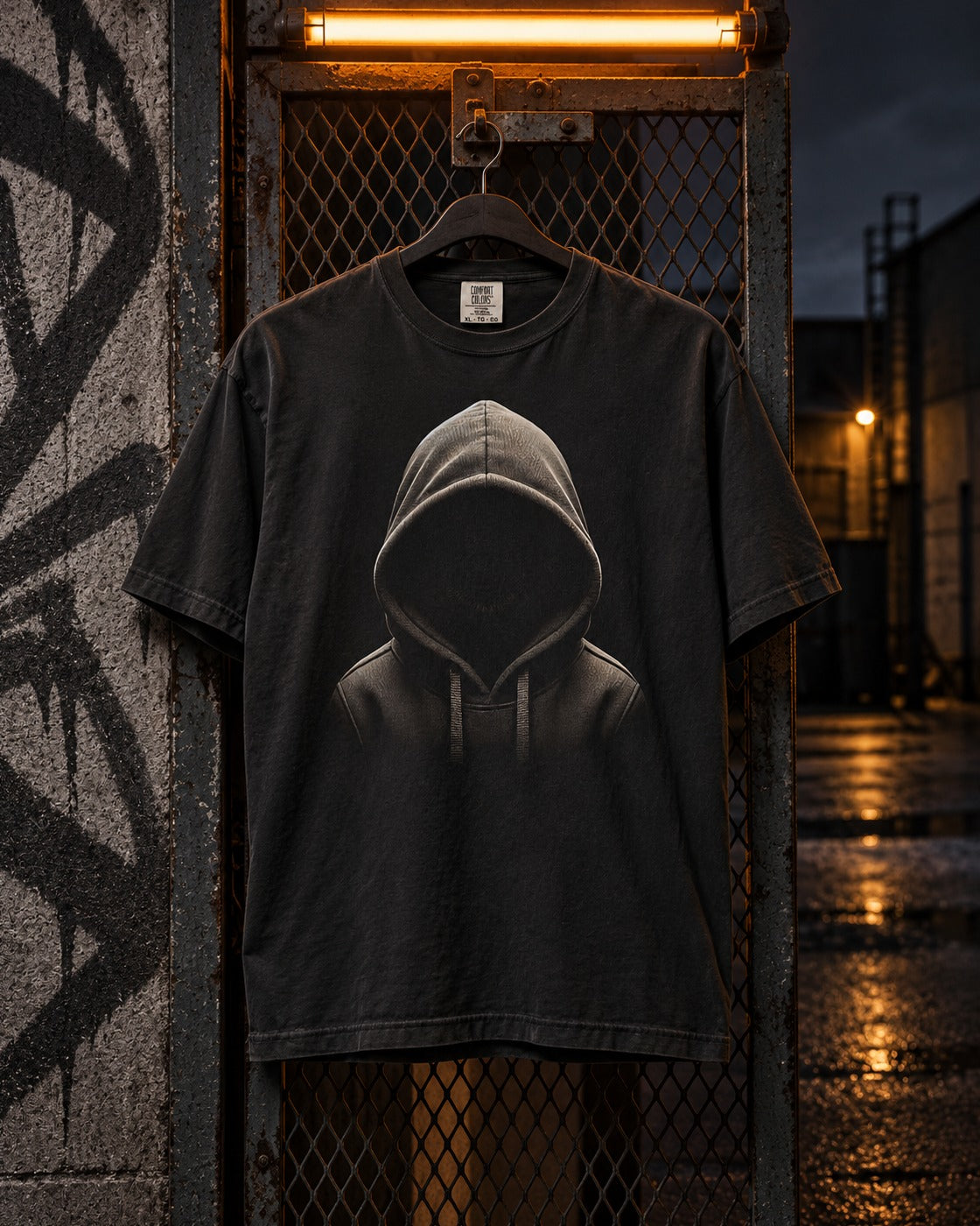 Nobody Home Tee, front print, black, hanging on a mesh gate under a fluorescent light at night — AI-generated visual