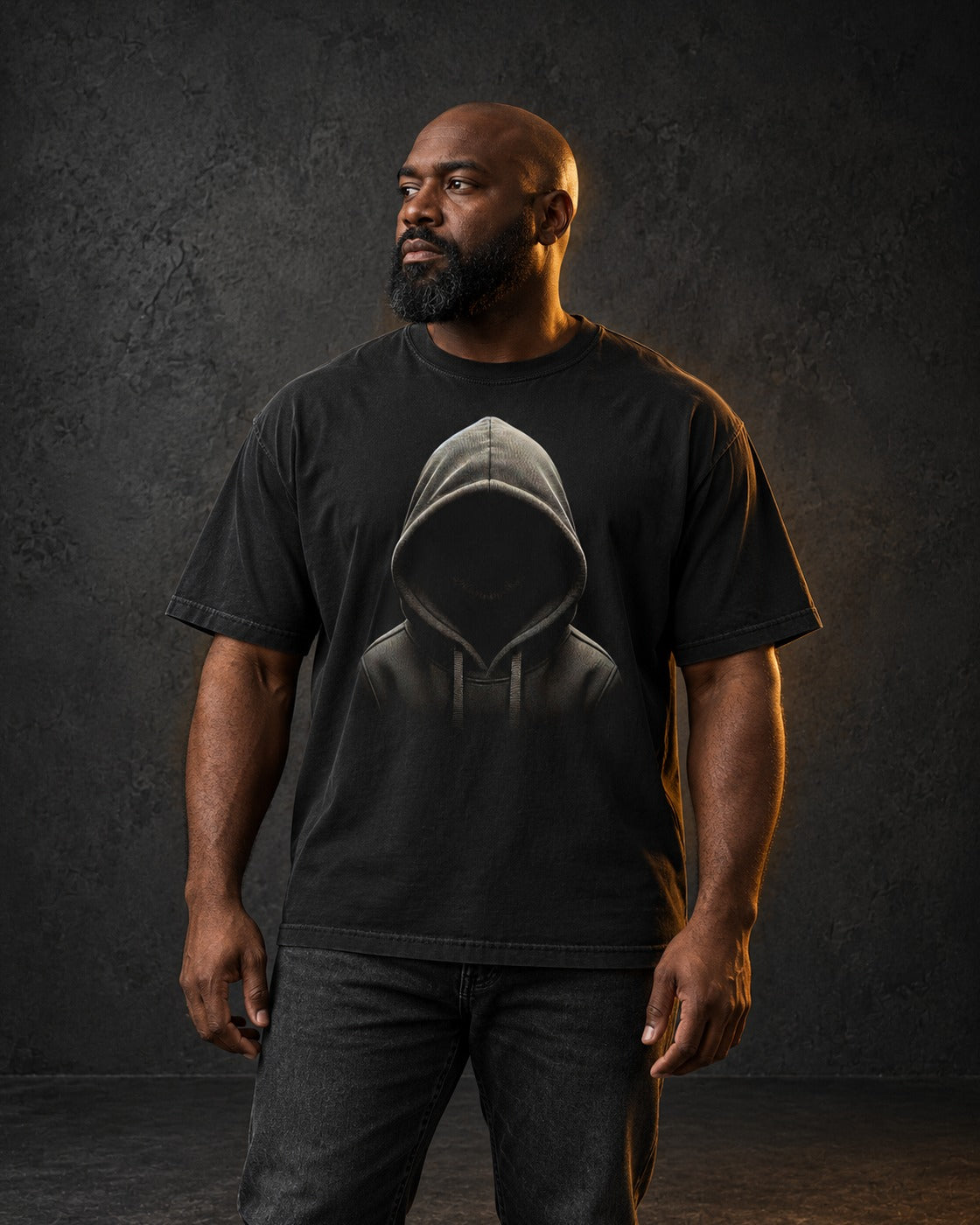 Nobody Home Tee, worn, front print, black — AI-generated visual